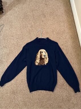 Navy Women's Crewneck Sweater with Dog Intarsia wool 100%